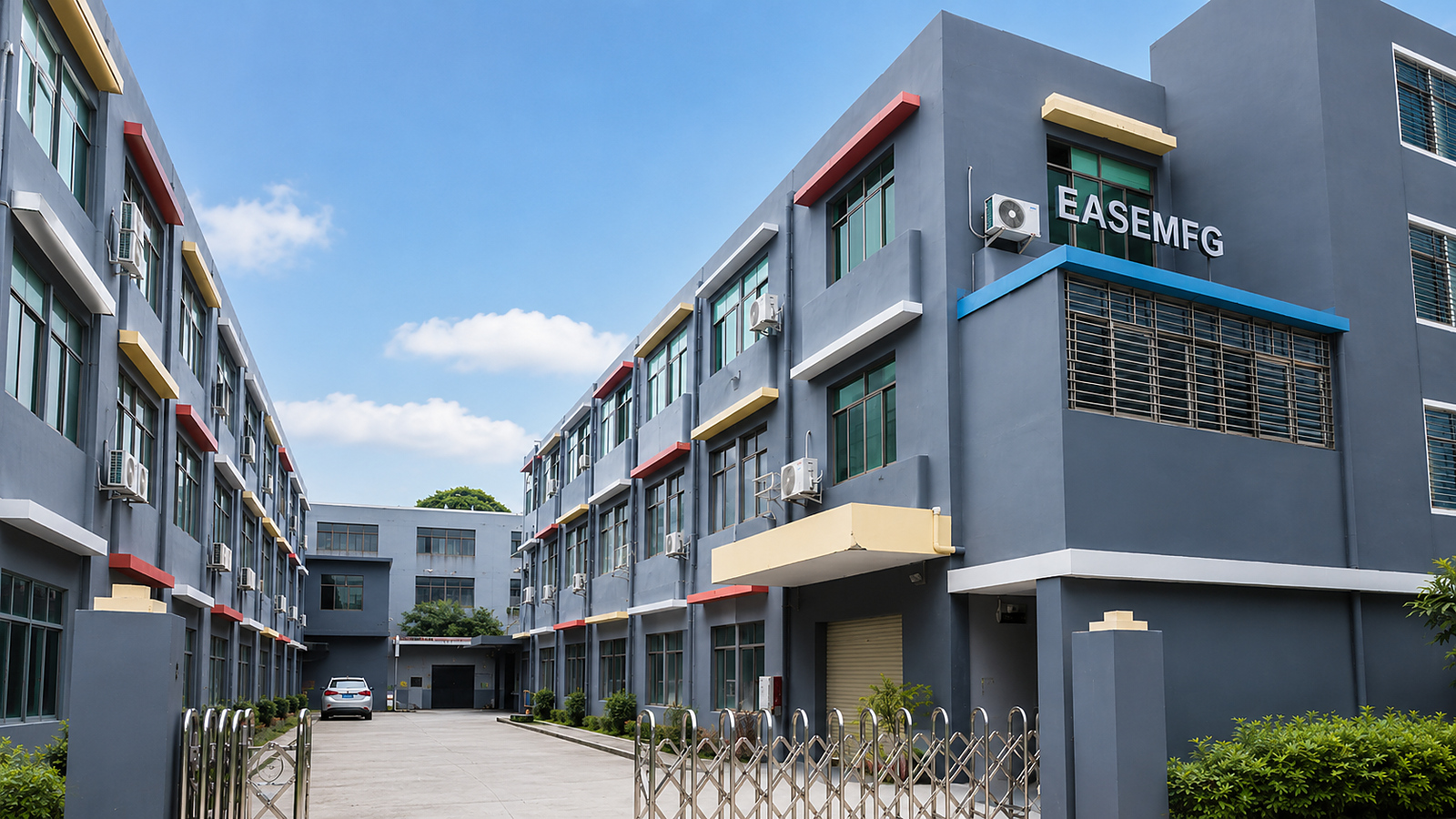 EASEMFG factory building and manufacturing courtyard