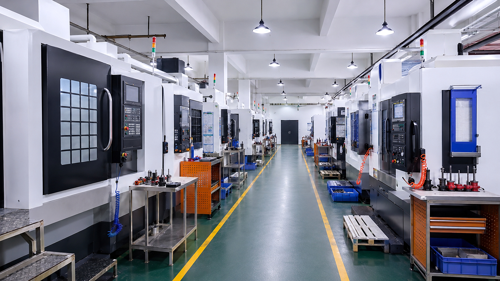 CNC workshop equipment lineup with multiple machining centers