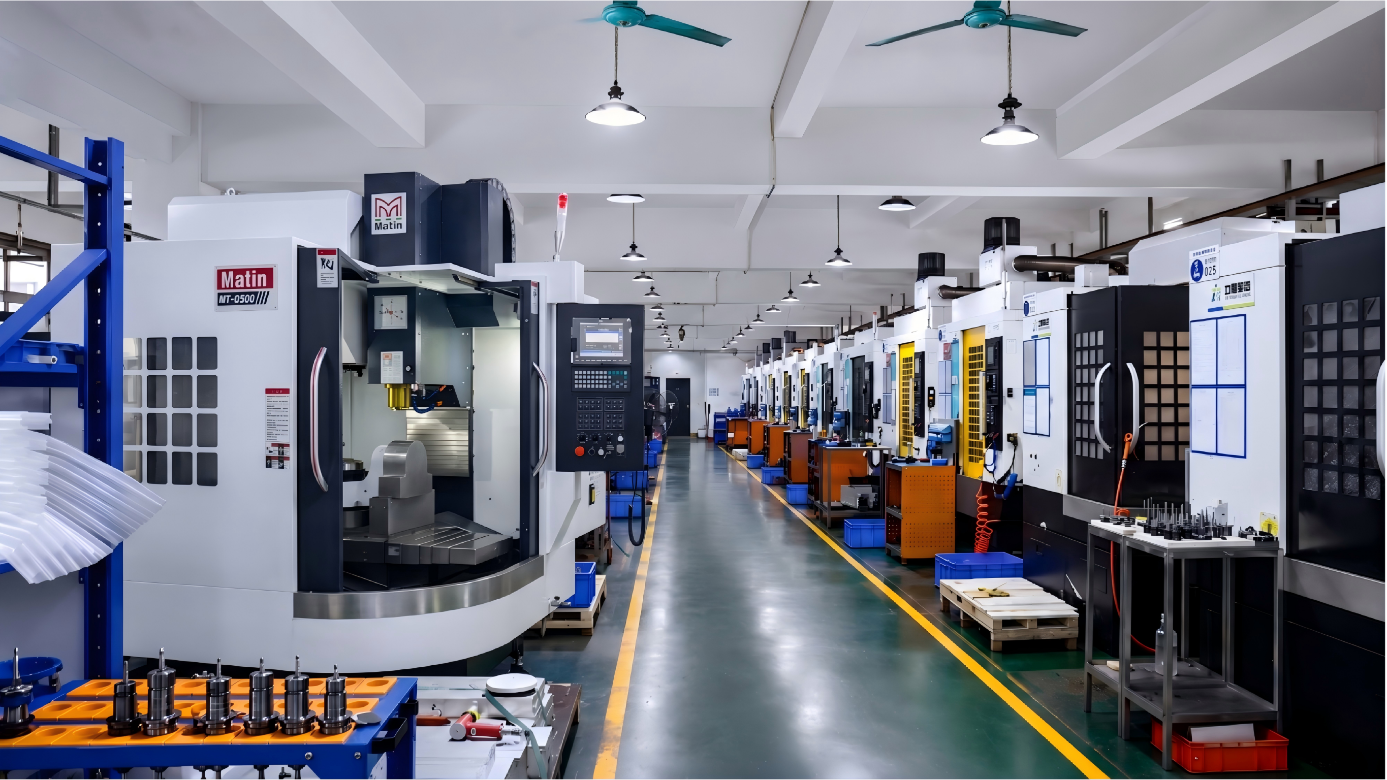 CNC machining workshop with 5-axis machine and production line