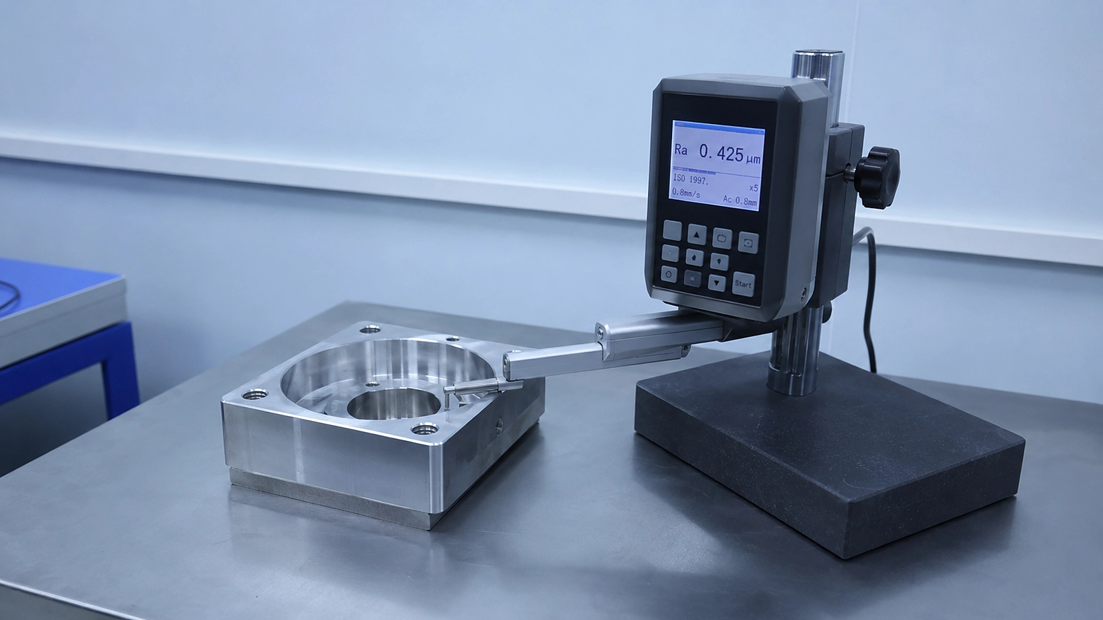 Surface roughness tester measuring machined aluminum part