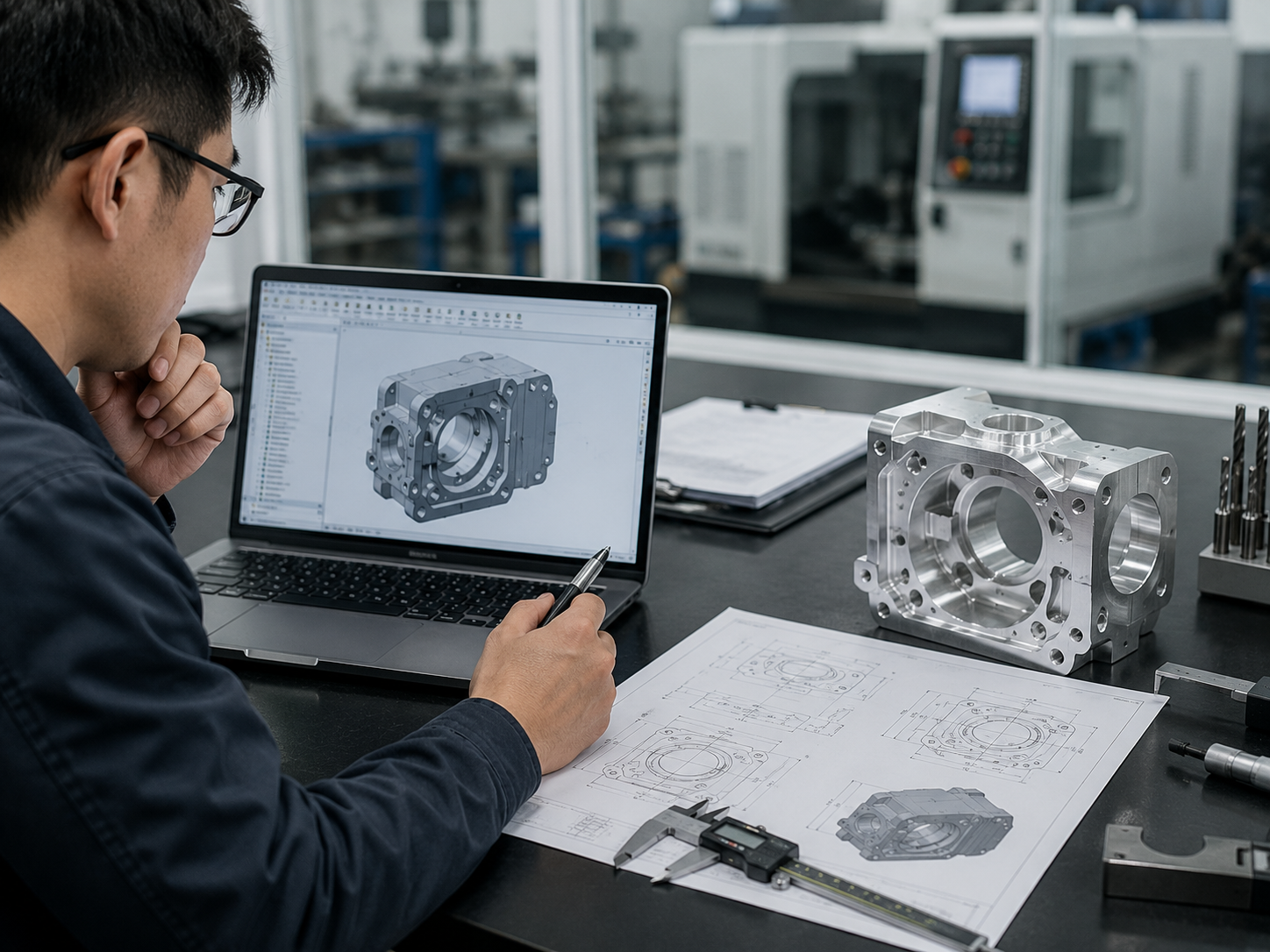 Engineer reviewing CNC manufacturability with CAD model drawing and machined part