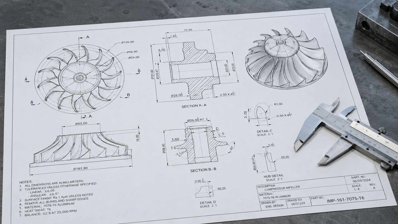 Engineering drawing for thin-wall aluminum impeller part